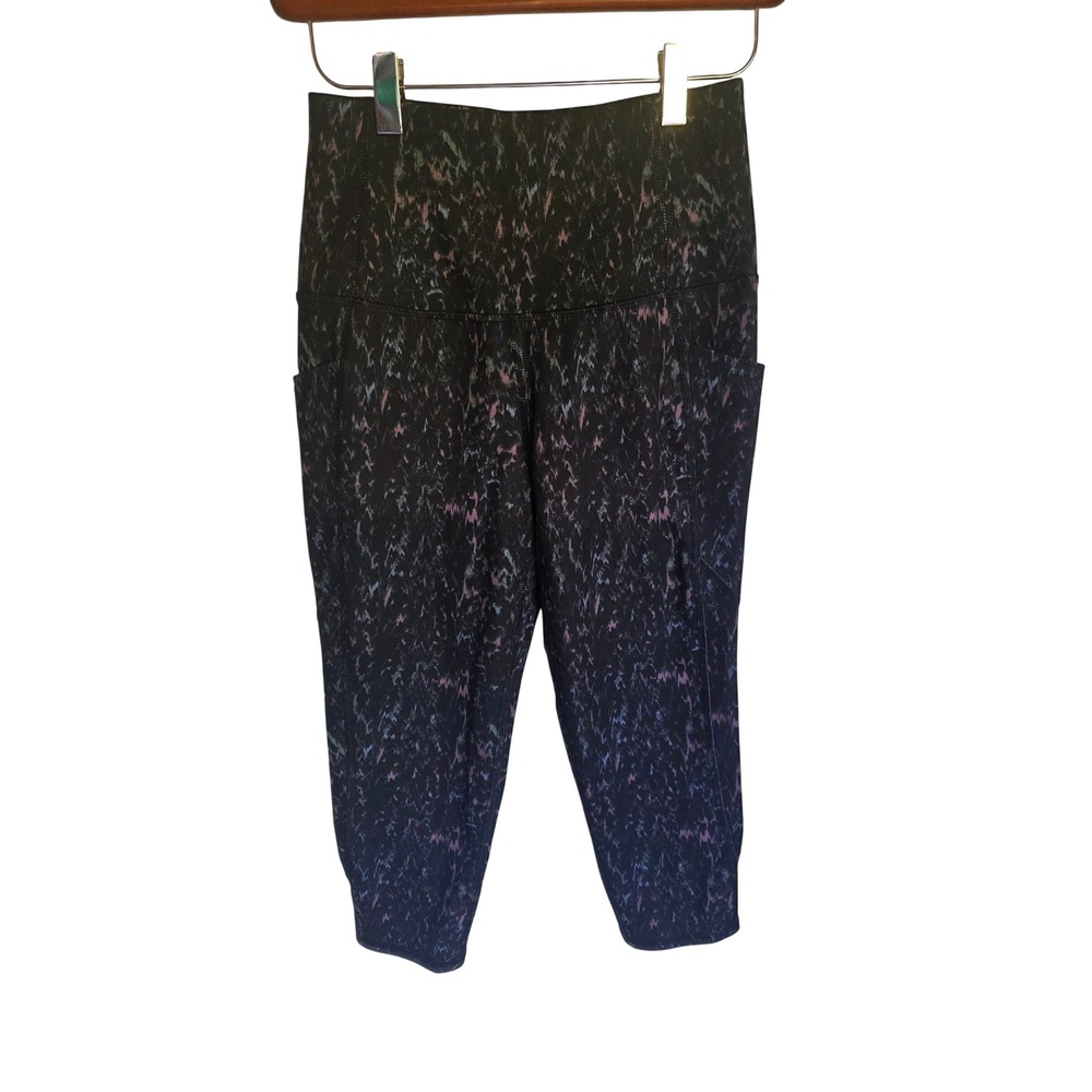 Vively Women Small Black Multi Color Abstract Print High Waist Capri Leggings